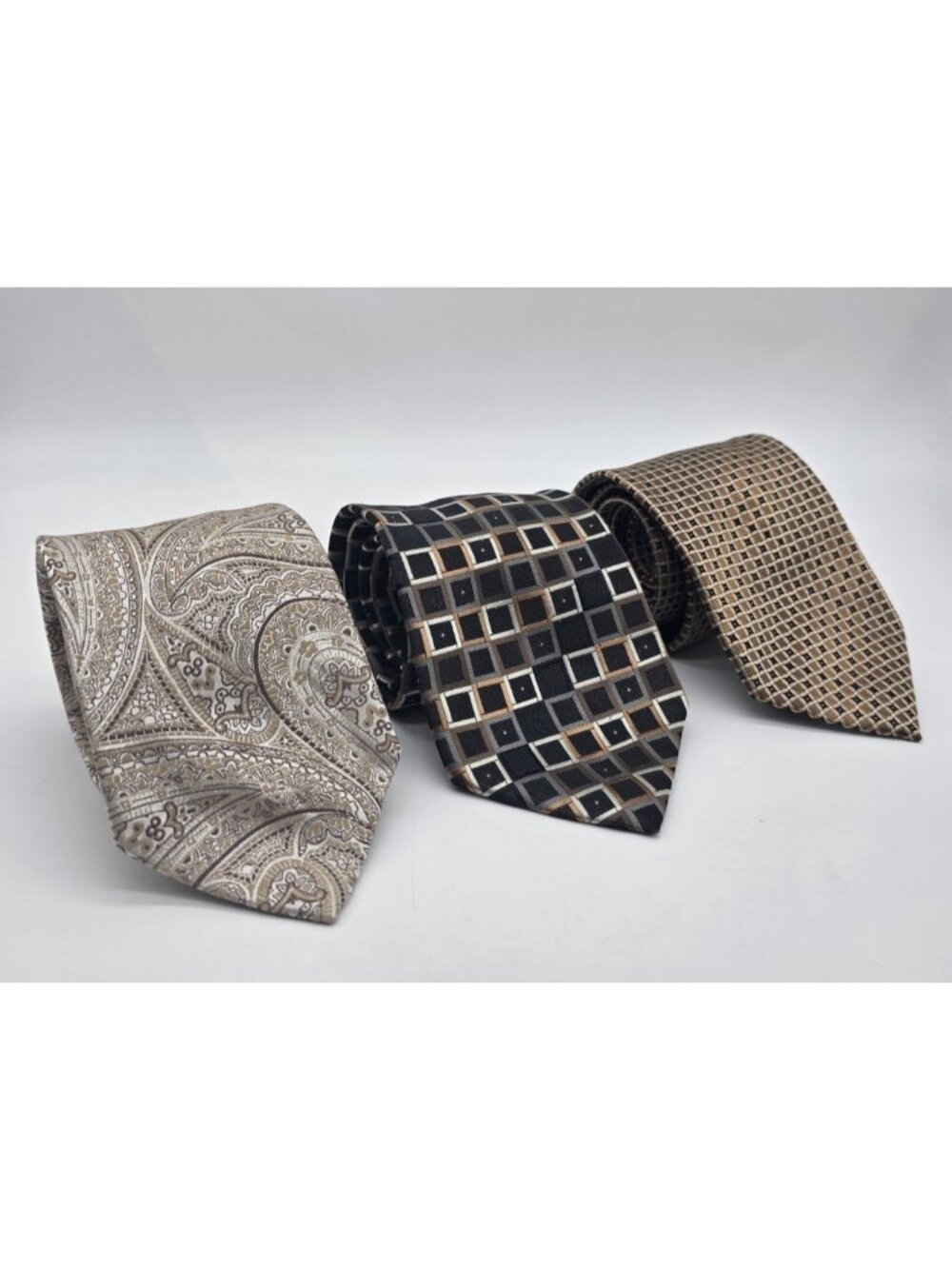 Stafford Men's Tie 58" X 3.25" Brown Tan Paisley Squares Lot of 3 Necktie Ties